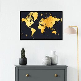 Plakat w ramie Stylowa złota mapa świata na ciemnym granatowym tle