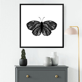 Obraz w ramie Czarny motyl z szarymi elementami na białym tle