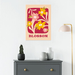 Plakat Energetyczna łąka. Plakat z napisem Blossom. Duże kwiaty w kolorze żółtym i Viva Magenta