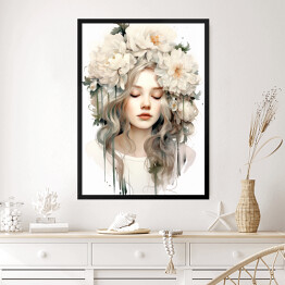 Obraz w ramie Romantyczny portret kobieta z kwiatami 