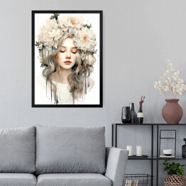 Obraz w ramie Romantyczny portret kobieta z kwiatami 