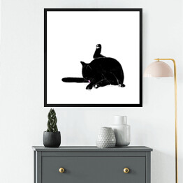 Obraz w ramie Czarny kot myjący ogon