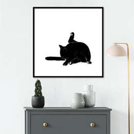 Plakat w ramie Czarny kot myjący ogon