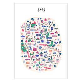 Plakat samoprzylepny Kolorowa mapa Łodzi z symbolami