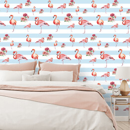 Fototapeta winylowa zmywalna Flamingi z kwiatami na tle w biało niebieskie pasy