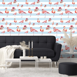 Fototapeta winylowa zmywalna Flamingi z kwiatami na tle w biało niebieskie pasy