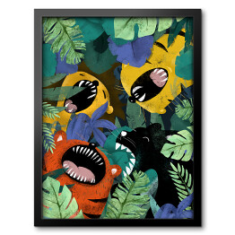 Obraz w ramie Dżungla - ryczące dzikie koty, puma, tygrys