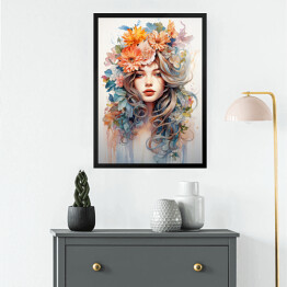 Obraz w ramie Portret kobiety. Kolorowe kwiaty we włosach
