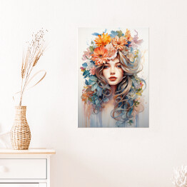 Plakat Portret kobiety. Kolorowe kwiaty we włosach