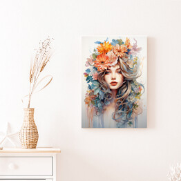 Obraz na płótnie Portret kobiety. Kolorowe kwiaty we włosach