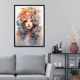 Plakat w ramie Portret kobiety. Kolorowe kwiaty we włosach
