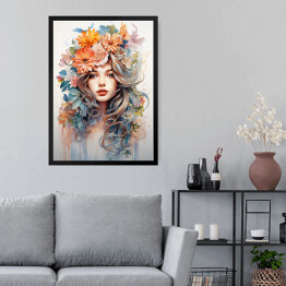 Obraz w ramie Portret kobiety. Kolorowe kwiaty we włosach