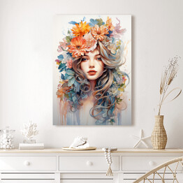 Obraz klasyczny Portret kobiety. Kolorowe kwiaty we włosach