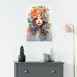 Plakat samoprzylepny Portret kobiety. Kolorowe kwiaty we włosach