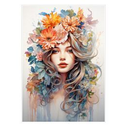 Plakat Portret kobiety. Kolorowe kwiaty we włosach