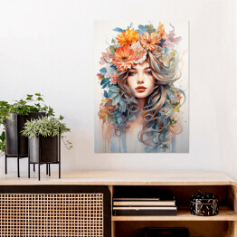 Plakat samoprzylepny Portret kobiety. Kolorowe kwiaty we włosach
