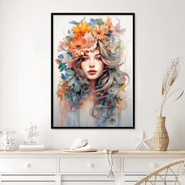 Plakat w ramie Portret kobiety. Kolorowe kwiaty we włosach