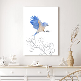 Obraz na płótnie Gałęzie drzew i niebiesko beżowy ptak w locie
