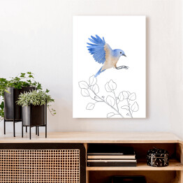 Obraz na płótnie Gałęzie drzew i niebiesko beżowy ptak w locie