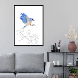 Plakat w ramie Gałęzie drzew i niebiesko beżowy ptak w locie