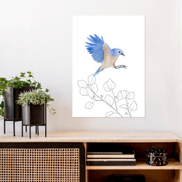 Plakat Gałęzie drzew i niebiesko beżowy ptak w locie