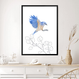 Obraz w ramie Gałęzie drzew i niebiesko beżowy ptak w locie