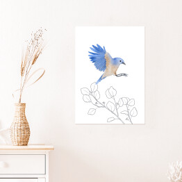 Plakat Gałęzie drzew i niebiesko beżowy ptak w locie