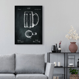 Obraz klasyczny Rysunek patentowy kufel. Szklanka na piwo. Czarno biały plakat z napisem Beer Mug
