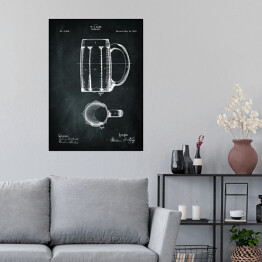 Plakat samoprzylepny Rysunek patentowy kufel. Szklanka na piwo. Czarno biały plakat z napisem Beer Mug