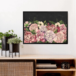 Obraz w ramie Wiszące pastelowe róże na czarnym tle