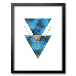Obraz w ramie Ciemne niebieskie złote i brązowe trójkąty na białym tle