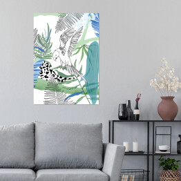 Plakat Egzotyczne rośliny i papuga w locie