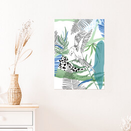 Plakat Egzotyczne rośliny i papuga w locie