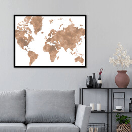 Plakat w ramie Akwarelowa mapa świata - beżowy, brązowy