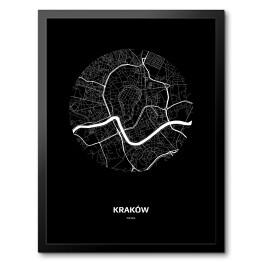 Obraz w ramie Mapa Krakowa w kole czarno-biała