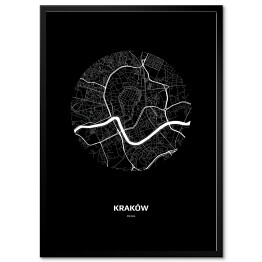 Plakat w ramie Mapa Krakowa w kole czarno-biała