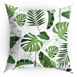 Poduszka Zielone liście monstery, palmy i bananowca na tle szkicu motywu roślinnego