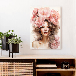 Obraz na płótnie Portret kobiecy. Różowe kwiaty we włosach