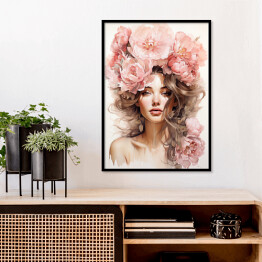 Plakat w ramie Portret kobiecy. Różowe kwiaty we włosach