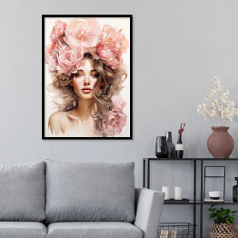 Plakat w ramie Portret kobiecy. Różowe kwiaty we włosach
