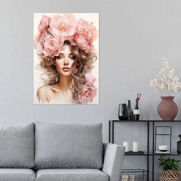 Plakat samoprzylepny Portret kobiecy. Różowe kwiaty we włosach