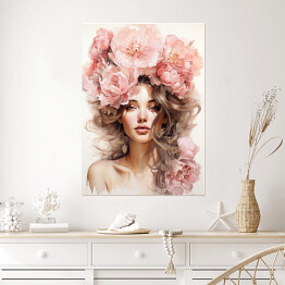 Plakat samoprzylepny Portret kobiecy. Różowe kwiaty we włosach