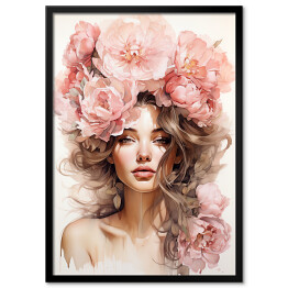 Obraz klasyczny Portret kobiecy. Różowe kwiaty we włosach