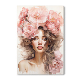 Obraz na płótnie Portret kobiecy. Różowe kwiaty we włosach