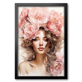 Obraz w ramie Portret kobiecy. Różowe kwiaty we włosach