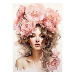 Plakat Portret kobiecy. Różowe kwiaty we włosach