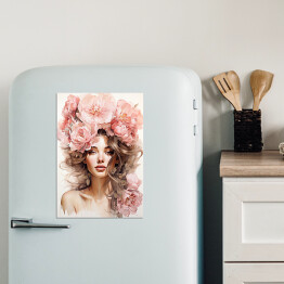 Magnes dekoracyjny Portret kobiecy. Różowe kwiaty we włosach