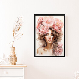 Obraz w ramie Portret kobiecy. Różowe kwiaty we włosach