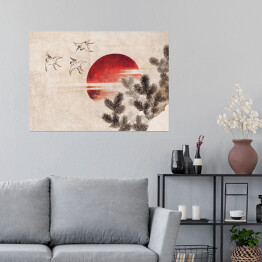 Plakat Ptaki i zachód słońca. Hokusai Katsushika. Reprodukcja