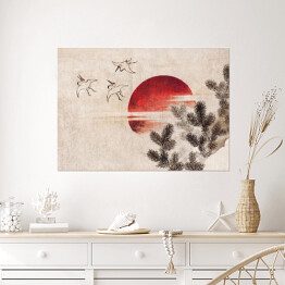 Plakat samoprzylepny Ptaki i zachód słońca. Hokusai Katsushika. Reprodukcja